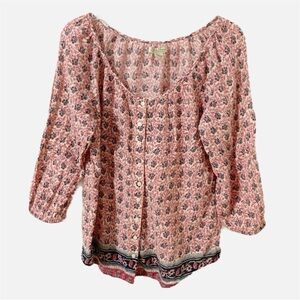 Lucky Brand Floral Print Three Quarter Sleeve Button Front Scoop Neck Blouse 
🩷💙